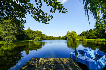 View of the paddling pond at the spa park in Bad Wünnenberg. Recreation area in the city.
