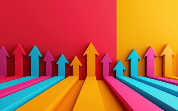A vibrant graphic featuring colorful arrows pointing upwards against a bold red and yellow background, symbolizing growth and progress.