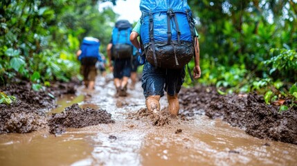 Hikers Trekking Through Muddy Trail in Rainforest