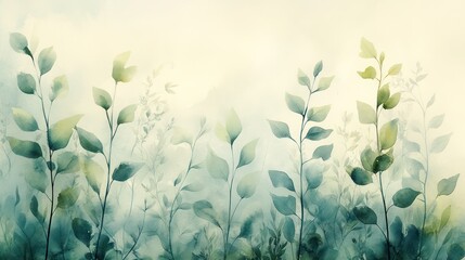 Serene Watercolor Botanical Illustration: Teal and Green Foliage in Misty Atmosphere
