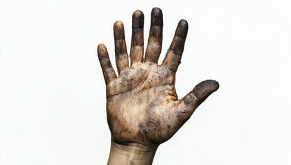 Dirty hand palm up against white background.