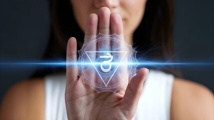 Woman presenting Ajna chakra symbol against a dark background	