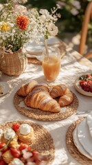 Freshly baked croissants served with flowers and refreshing juice