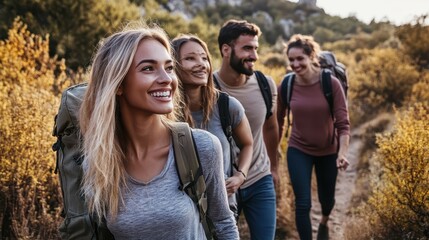 Group of friends walking on a trail in the mountains for a travel or adventure gear brand ad