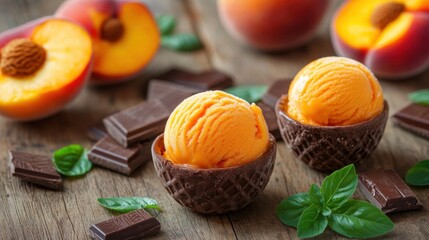 Peach Ice Cream in Chocolate Cups with Chocolate and Peaches