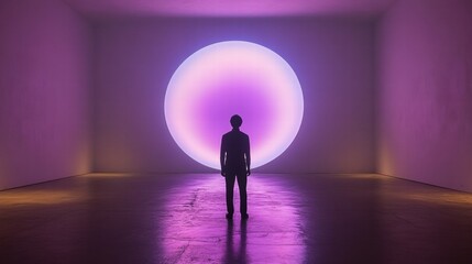 Obraz premium Silhouette of Person Contemplating a Large Purple Light Orb