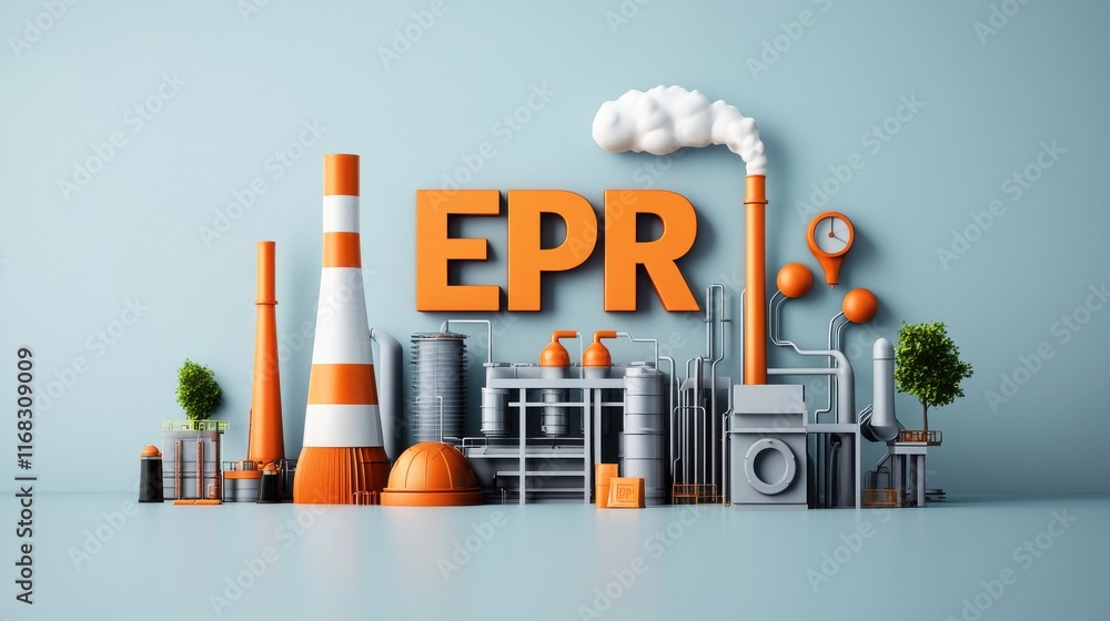 Poster extended producer responsibility concept. a colorful industrial scene featuring a stylized represent