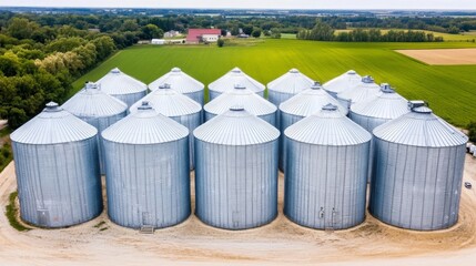 Grain silos standing tall amidst vast farmland, symbolizing the backbone of agricultural sustenance and the enduring cycle of rural life.