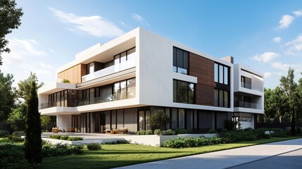 Minimalist building facade showcasing clean lines and neutral tones, emphasizing contemporary aesthetics