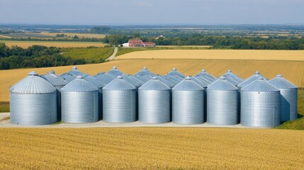 Obraz premium Grain silos standing tall amidst vast farmland, symbolizing the backbone of agricultural sustenance and the enduring cycle of rural life.
