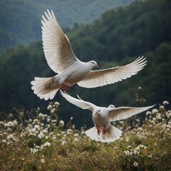 Obraz premium A pair of white doves in flight, wings outstretched.
