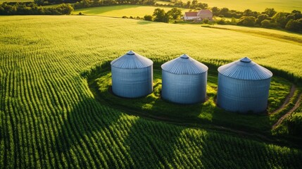Obraz premium Grain silos standing tall amidst vast farmland, symbolizing the backbone of agricultural sustenance and the enduring cycle of rural life.