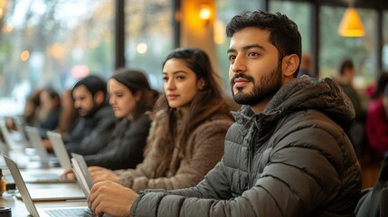 Group of Young Adults Engaged in Collaborative Work in a Cozy Cafe Setting with Laptops and Thoughtful Expressions During a Productive Day