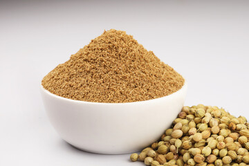 Indian spices, Coriander Powder or Dhaniya Powder with Coriander seeds ingredient for Indian cooking