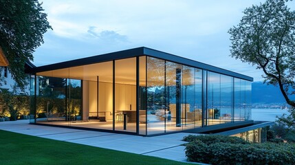 Fototapeta premium Minimalist glass building design showcasing expansive windows and seamless transparency