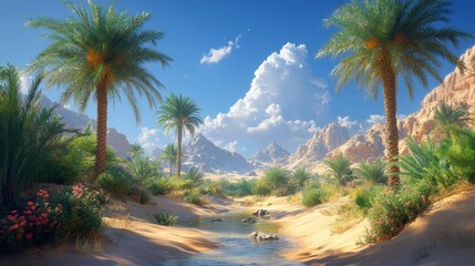 Oasis, desert landscape, palm trees, mountains, stream, sunshine, plants, flowers.