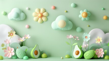 3D Cartoon-Style Springtime Illustration with Avocado