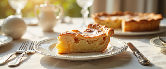 Delicious pie slice on vintage dishware, elegant breakfast setting