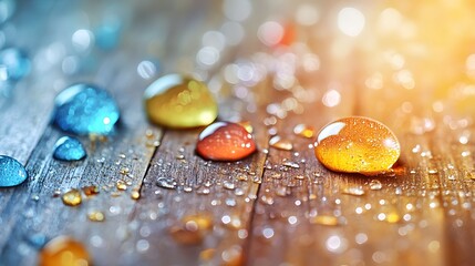 Droplets of water on wooden surface natural setting close-up photography warm lighting artistic perspective