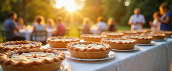 Dessert table featuring pies at garden party sunset, celebration of Pi Day