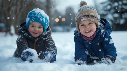 smiling two kids making snow splash on ground	
