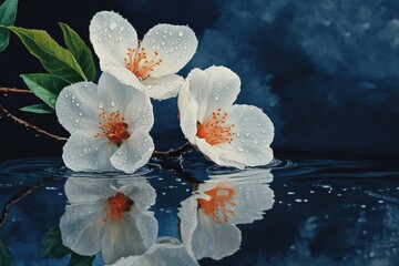 A single white flower with sparkling dewdrops, positioned gracefully by the water's edge in a peaceful natural scene.