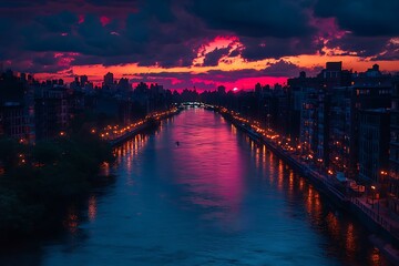 Fototapeta premium Aerial view of a colorful cityscape with river reflections at sunset 