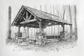 A beautifully detailed sketch of a rustic shelter in a forest, showcasing natural materials and serene surroundings.