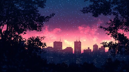 cityscape in silhouette with sunset or sunrise, skyscrapers illuminated by soft light Vector illustration with glare effects 