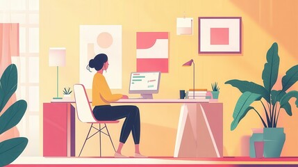 Professional woman working from home in a modern workspace, ideal for remote work or digital nomad campaigns