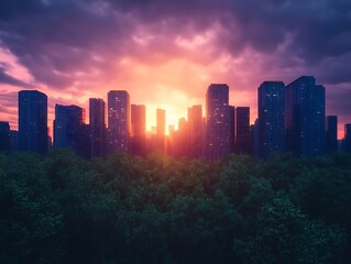 Obraz premium panoramic view of a metropolis with sunset reflections on glass buildings Urban development theme 