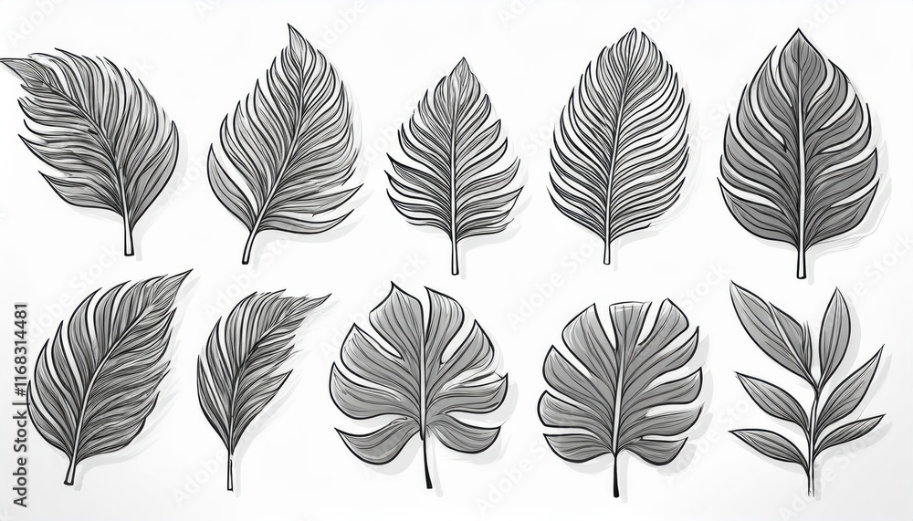 Poster a collection of intricately designed leaves in various shapes and sizes, showcasing their detailed t