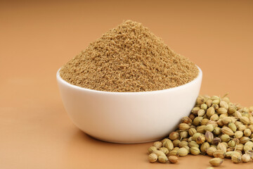 Indian spices, Coriander Powder or Dhaniya Powder with Coriander seeds ingredient for Indian cooking