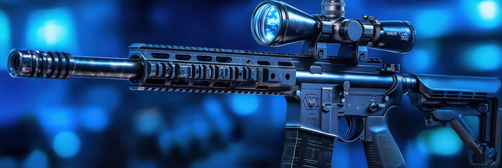 Fototapeta premium Scoped Rifle with Tactical Design in Blue Light
