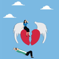 Emotional breakdown or divorce, breakdown of a husband-wife or couple relationship, male businessman watching in despair as the female businessman sits on a broken heart shape and flies away