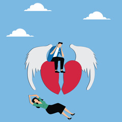Emotional breakdown or divorce, breakdown of a husband-wife or couple relationship, male businesswoman watching in despair as the male businessman sits on a broken heart shape and flies away