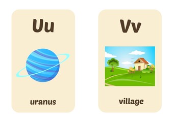 ABC Flash Cards. Letters, words and images. Educational Alphabet Cards for children. Ready to print size A4. Letters U and V. 