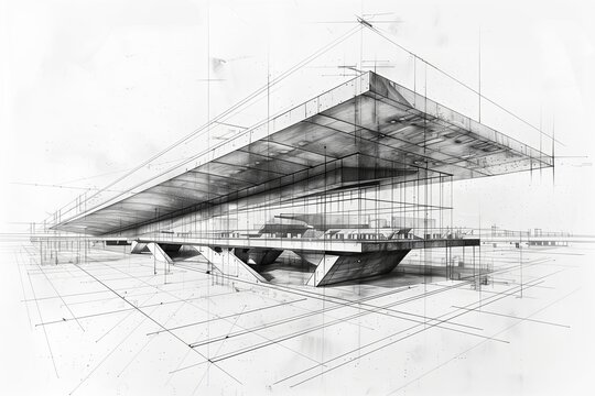 A conceptual architectural sketch showcasing innovative design and structural elements with a modern aesthetic.