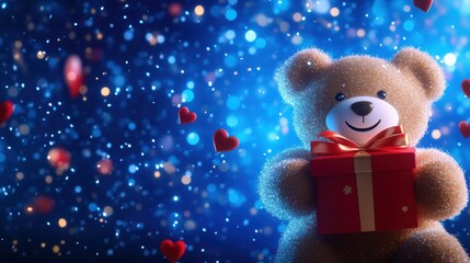 Festive Teddy Bear Holding a Gift with Sparkling Background.