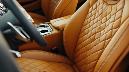 Close-up of a luxury car interior with elegant details like leather seats and high-tech dashboard for automobile ads