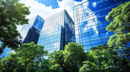 The facade of a glass structure mirrors the lush greenery of its environment.