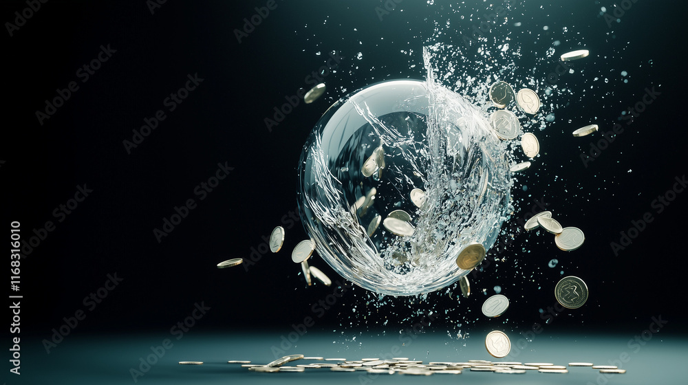 Poster liquid assets: a captivating abstract image of coins exploding from a water sphere, symbolizing fina