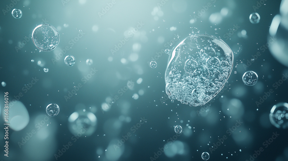 Poster aqua dreamscape: abstract underwater scene with floating bubbles, creating an ethereal and tranquil 