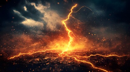 Fototapeta premium Fiery Inferno Lightning Strikes Volcanic Ground