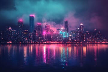Fototapeta premium neon glow skyline in a modern futuristic style, skyscrapers in vibrant hues 