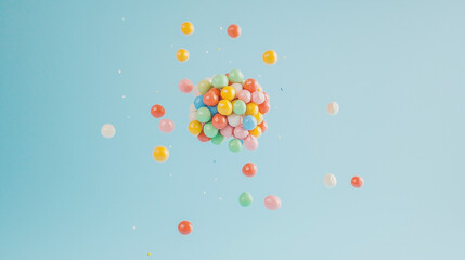 Fototapeta premium Colorful Balloons Floating in Air: A cluster of colorful balloons floats against a light blue background, creating a whimsical and joyful visual that evokes a sense of carefree celebration. 