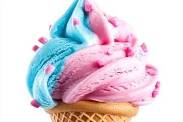 Swirled blue and pink ice cream cone with sprinkles.
