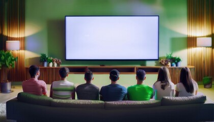 A group of six people sits on a couch, watching a blank TV screen in a cozy, modern living room with green walls and decorative plants.