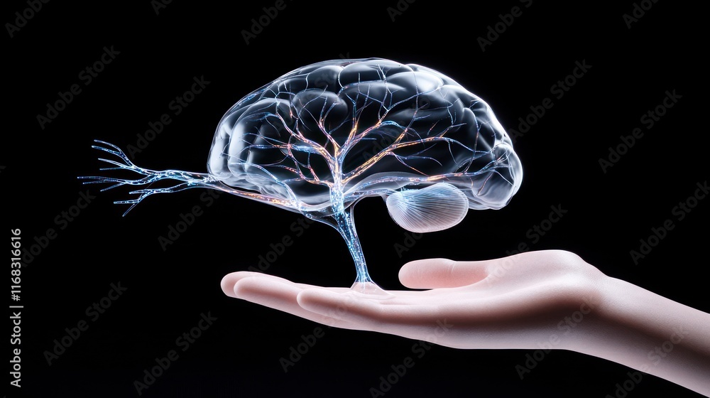 Poster a hand cradles a transparent brain with tree-like neural connections.