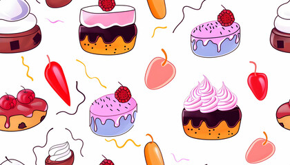 Sweet Treats Illustration: Cakes, Berries, and Candy Background